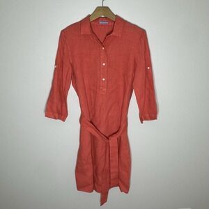 J. McLaughlin 100% Linen Shirt Dress Coral Belted Preppy Quiet Luxury Sz Medium